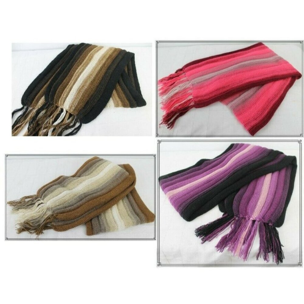 Peruvian Peru Llama Wool Knit Scarf Stripes Fringe Black Grey Pink Purple Brown